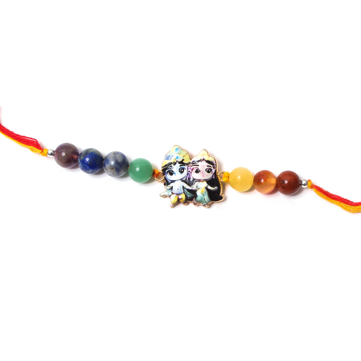 Colorful Natural Gemstone Rakhi with Krishna-Radha Cartoon Charm – Spiritual Raksha Bandhan Bracelet