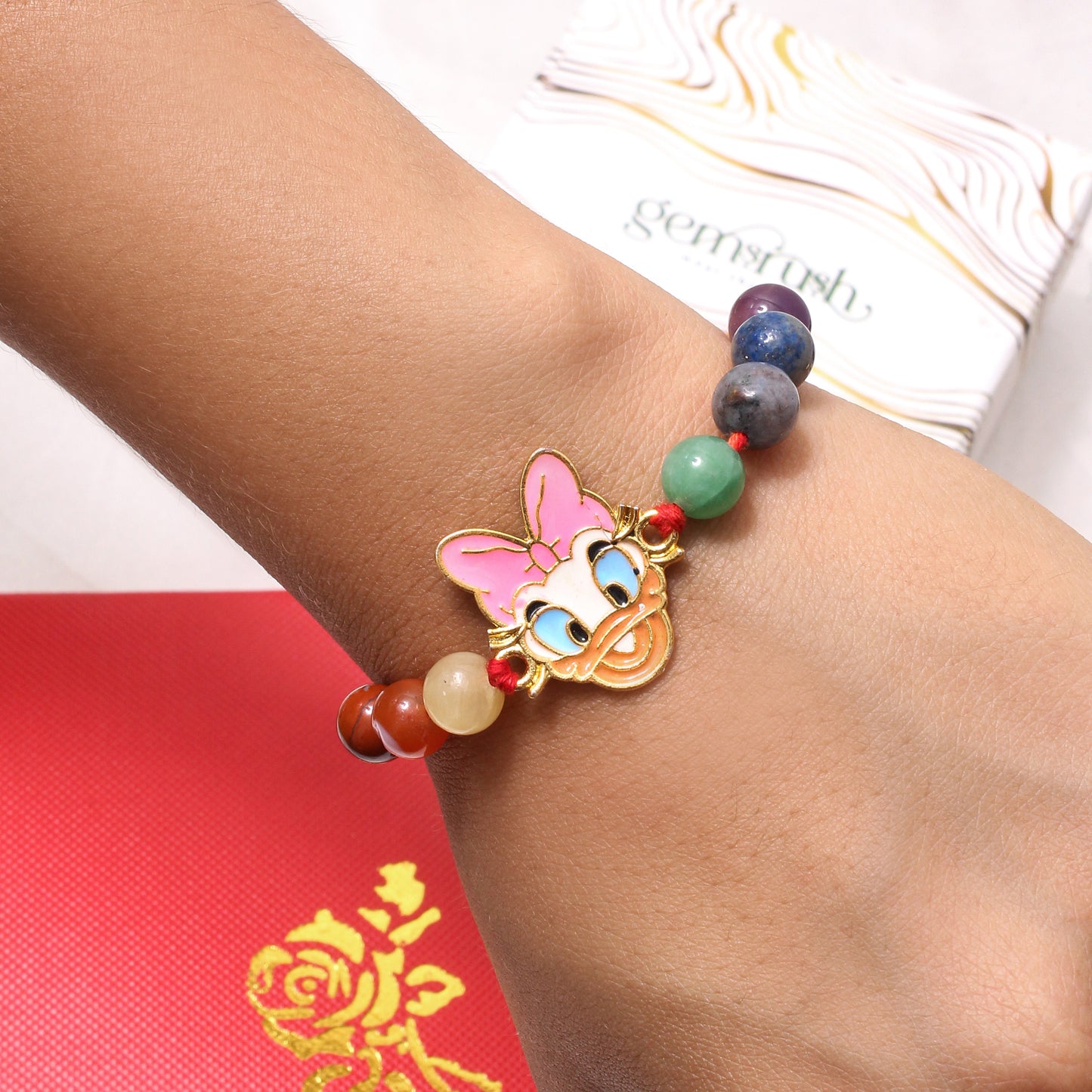 Natural Gemstone Rakhi with Cute Cartoon Duck Charm – Fun & Festive Raksha Bandhan Bracelet for Kids