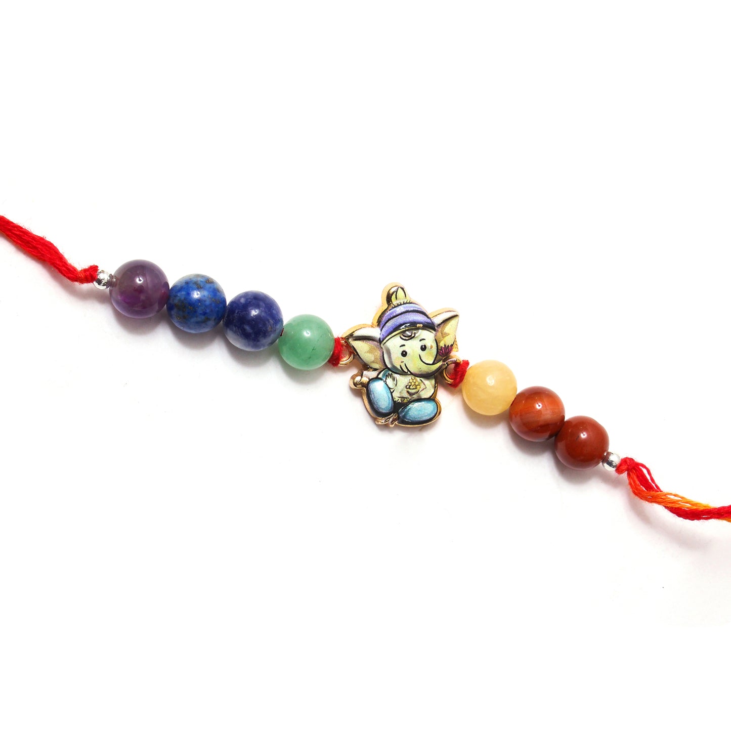 Colorful Gemstone Rakhi with Baby Ganesha Charm – Spiritual Raksha Bandhan Bracelet for Kids