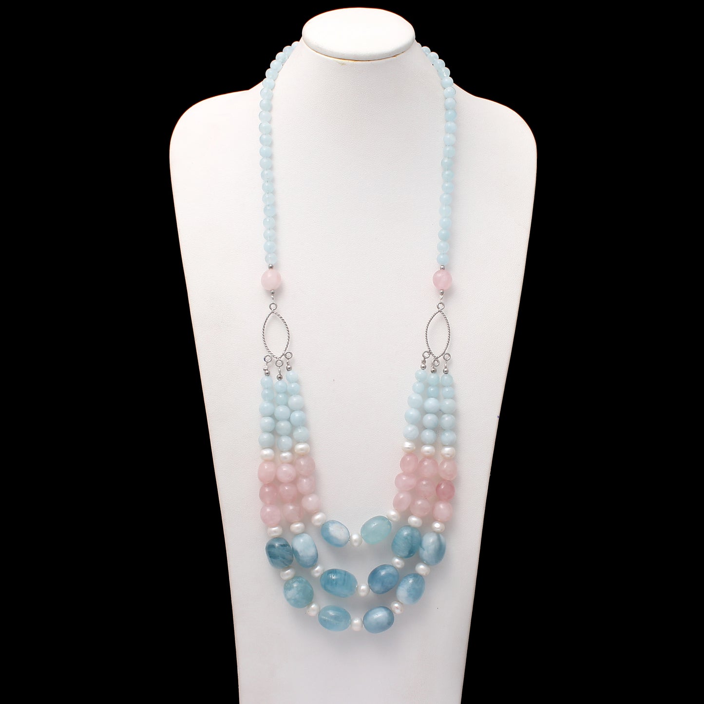 Natural Aquamarine, Rose Quartz & Pearl Beads Gemstone Necklace – Serenity & Elegance