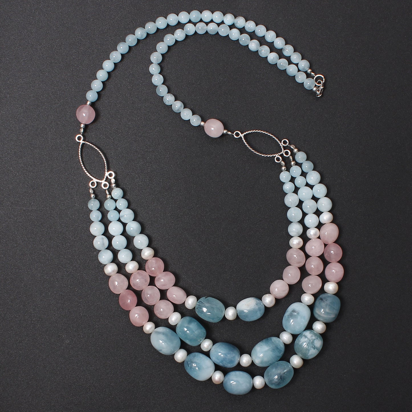 Natural Aquamarine, Rose Quartz & Pearl Beads Gemstone Necklace – Serenity & Elegance