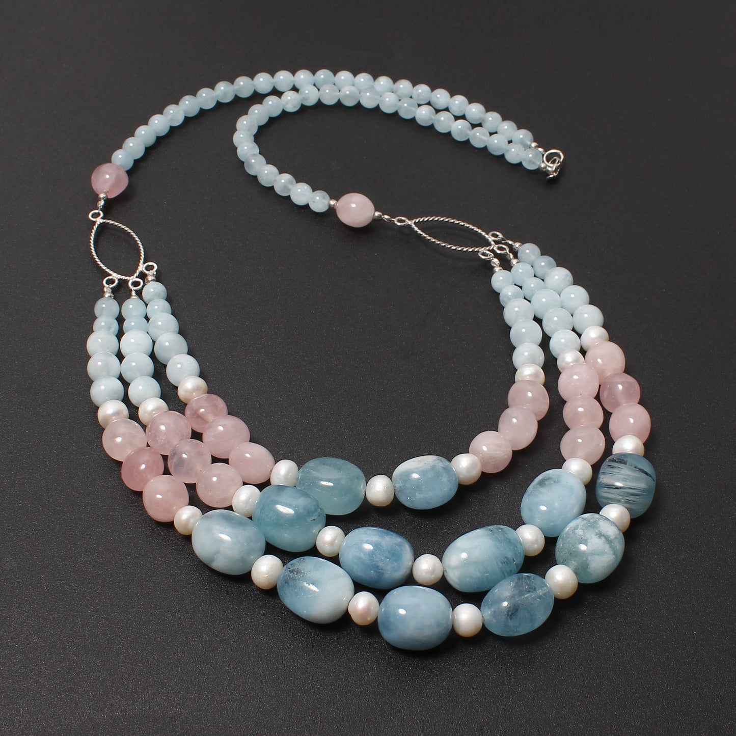 Natural Aquamarine, Rose Quartz & Pearl Beads Gemstone Necklace – Serenity & Elegance