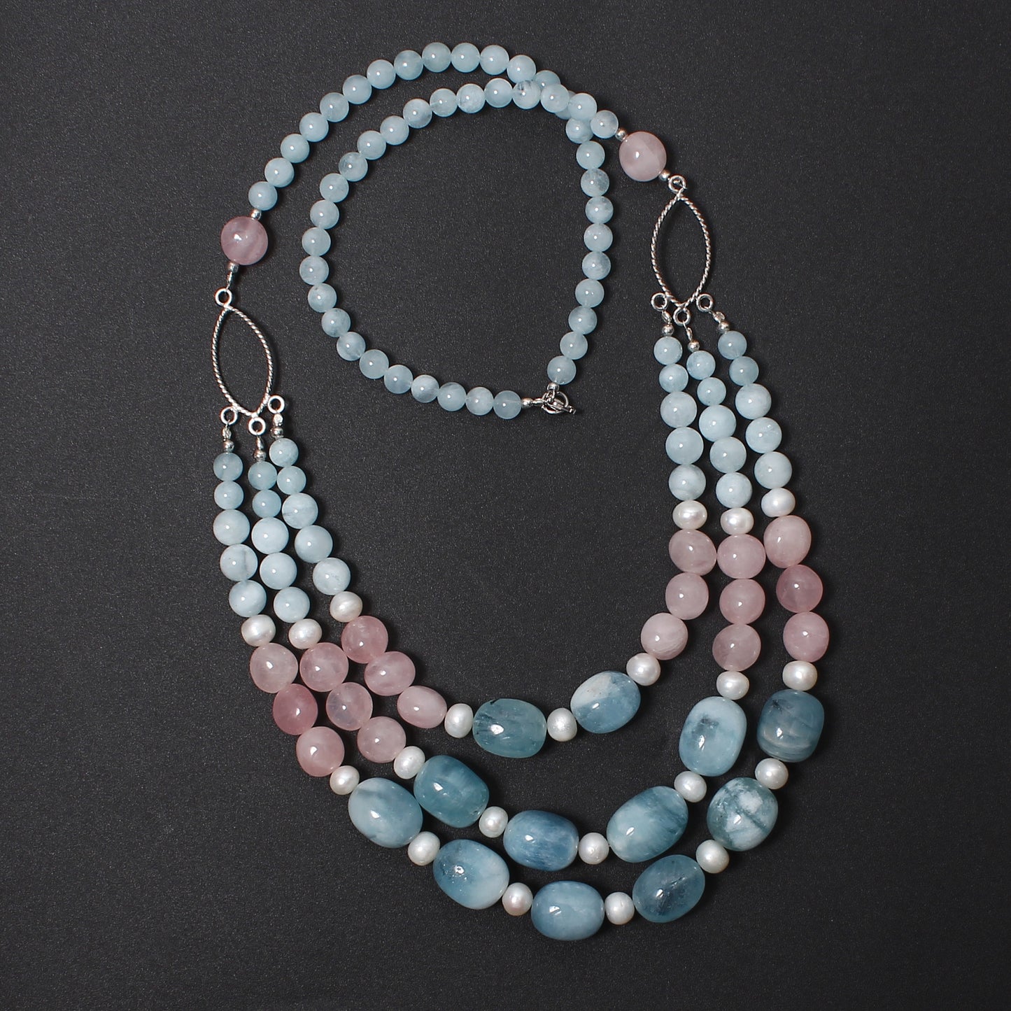Natural Aquamarine, Rose Quartz & Pearl Beads Gemstone Necklace – Serenity & Elegance