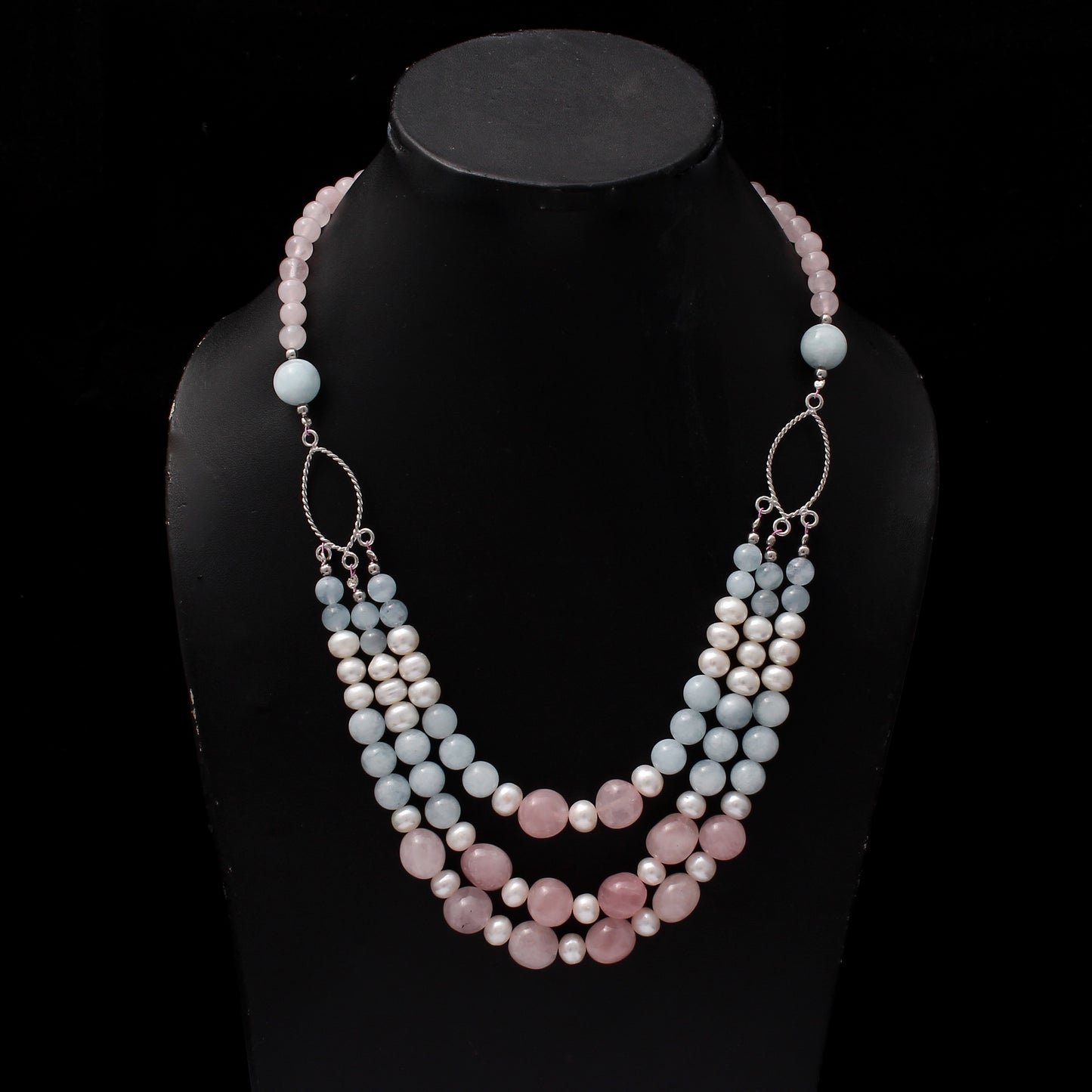 Natural Rose Quartz, Aquamarine & Pearl Beads Gemstone Necklace – Love, Peace & Purity