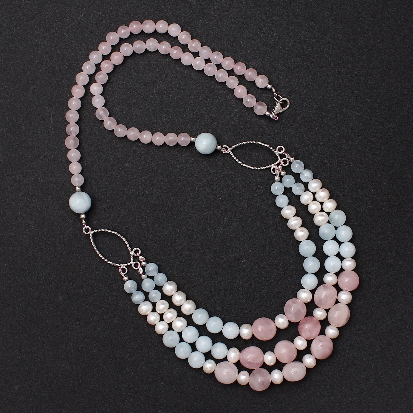 Natural Rose Quartz, Aquamarine & Pearl Beads Gemstone Necklace – Love, Peace & Purity
