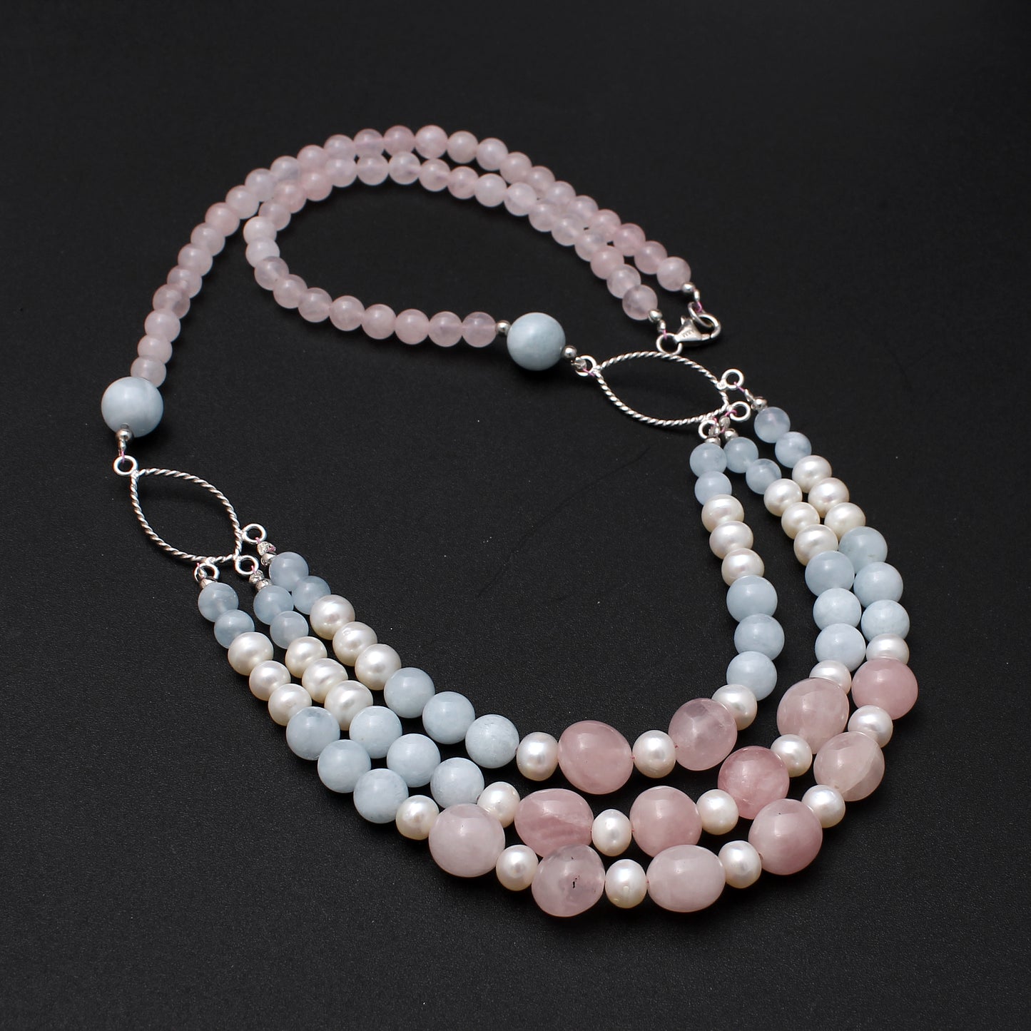 Natural Rose Quartz, Aquamarine & Pearl Beads Gemstone Necklace – Love, Peace & Purity