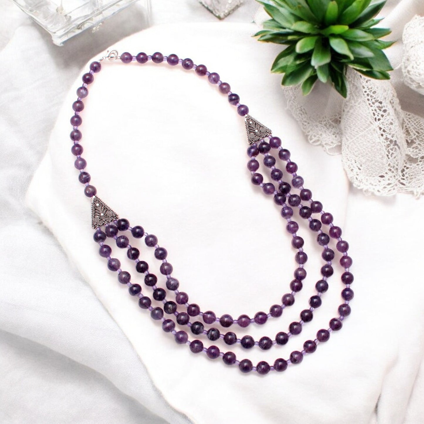 Natural Amethyst 3-Layer Beads Gemstone Necklace – Triple Elegance & Spiritual Harmony