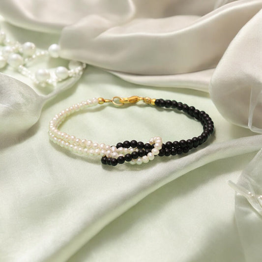 Pearl & Black Onyx Knot Beaded Bracelet - Balance & Protection