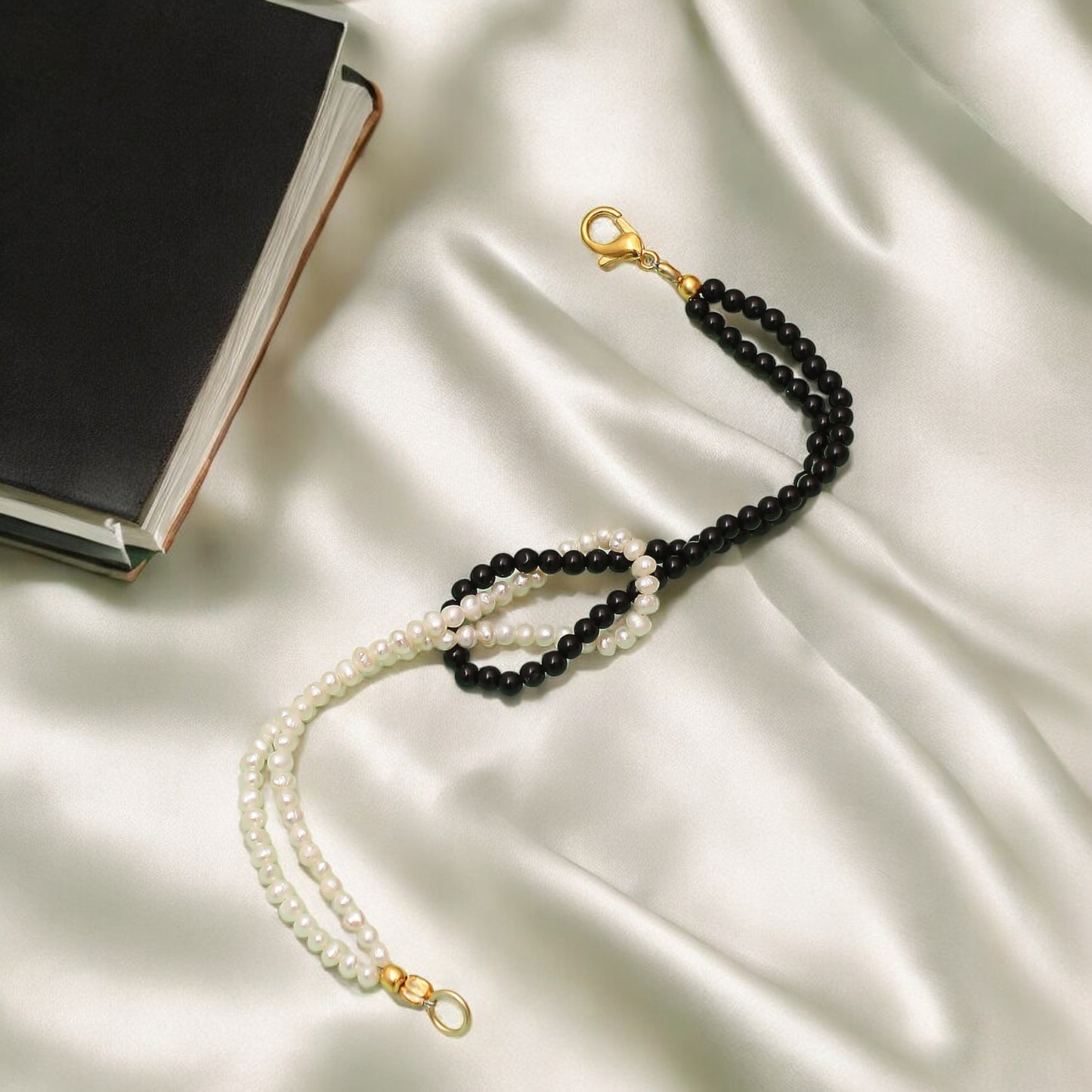 Pearl & Black Onyx Knot Beaded Bracelet - Balance & Protection