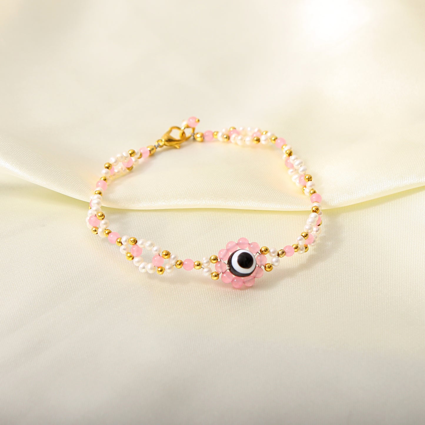 Pearl Rose Quartz Evil Eye Bracelet - Love, Healing & Protection
