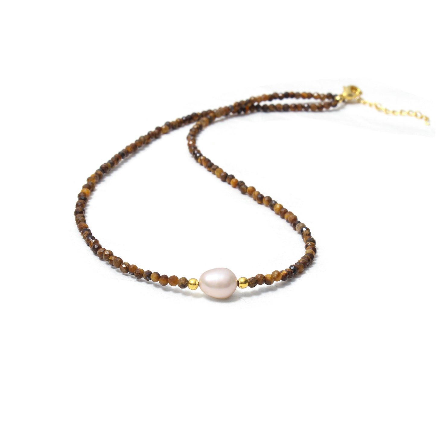 Natural Tiger Eye & Pearl Beaded Necklace – Protective Energy Jewelry with Elegant Charm