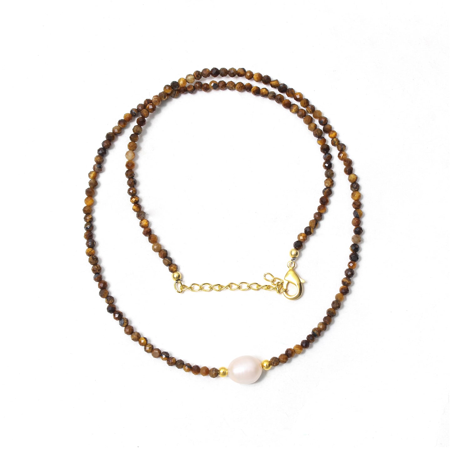 Natural Tiger Eye & Pearl Beaded Necklace – Protective Energy Jewelry with Elegant Charm