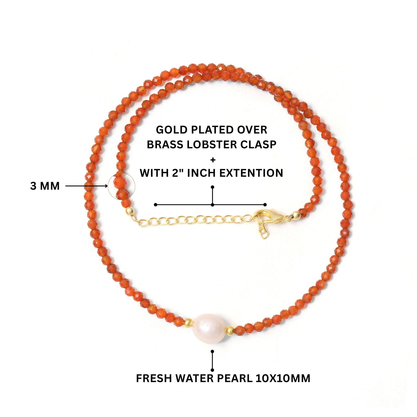 Natural Carnelian Beaded Necklace with Freshwater Pearl – Handmade Healing Gemstone Jewelry for Women