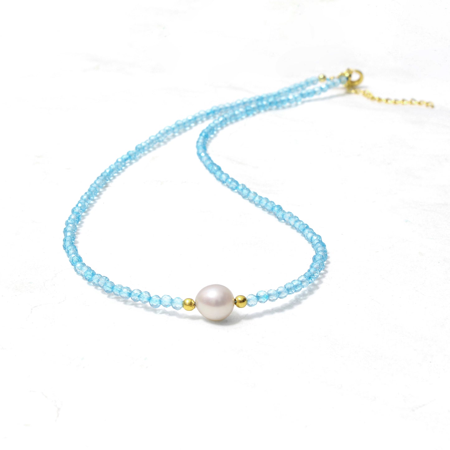 Natural Blue Topaz Beaded Necklace with Freshwater Pearl – Elegant Handmade Gemstone Jewelry for Women