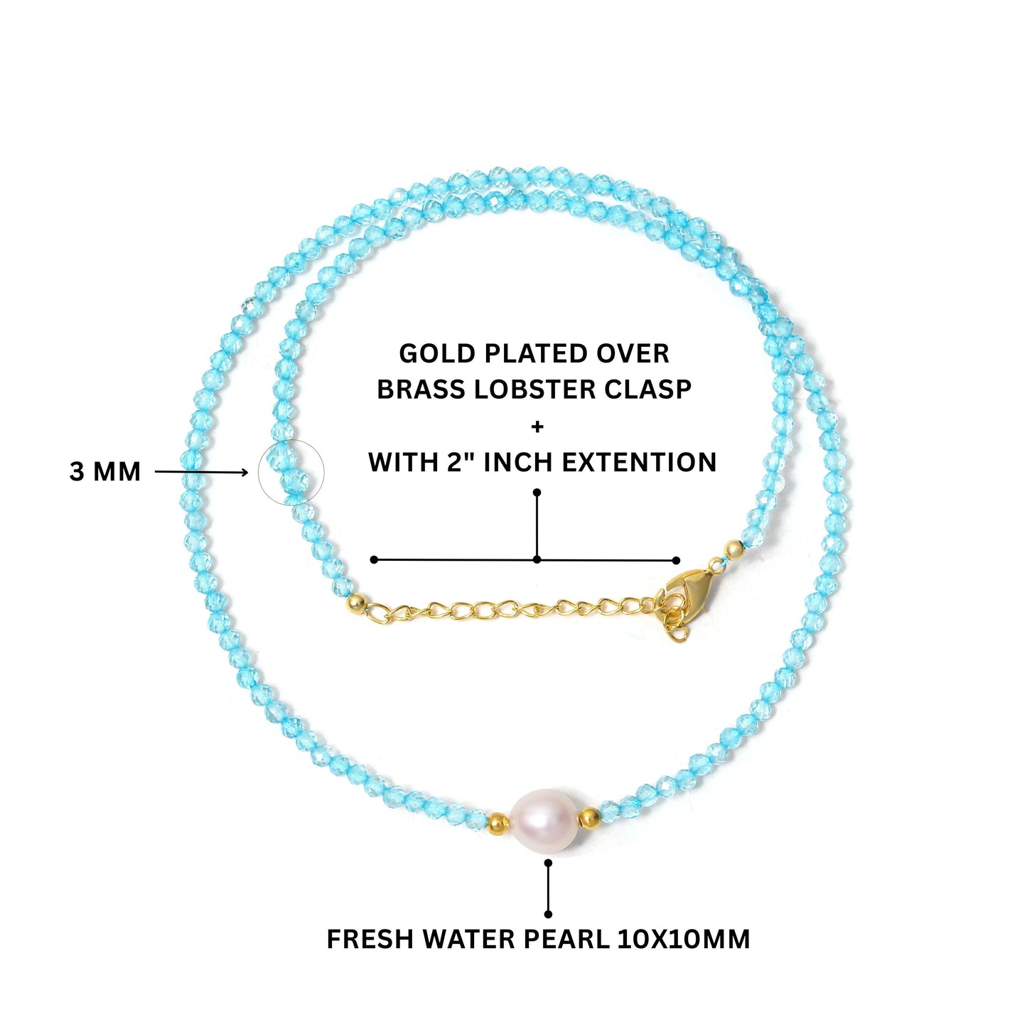 Natural Blue Topaz Beaded Necklace with Freshwater Pearl – Elegant Handmade Gemstone Jewelry for Women