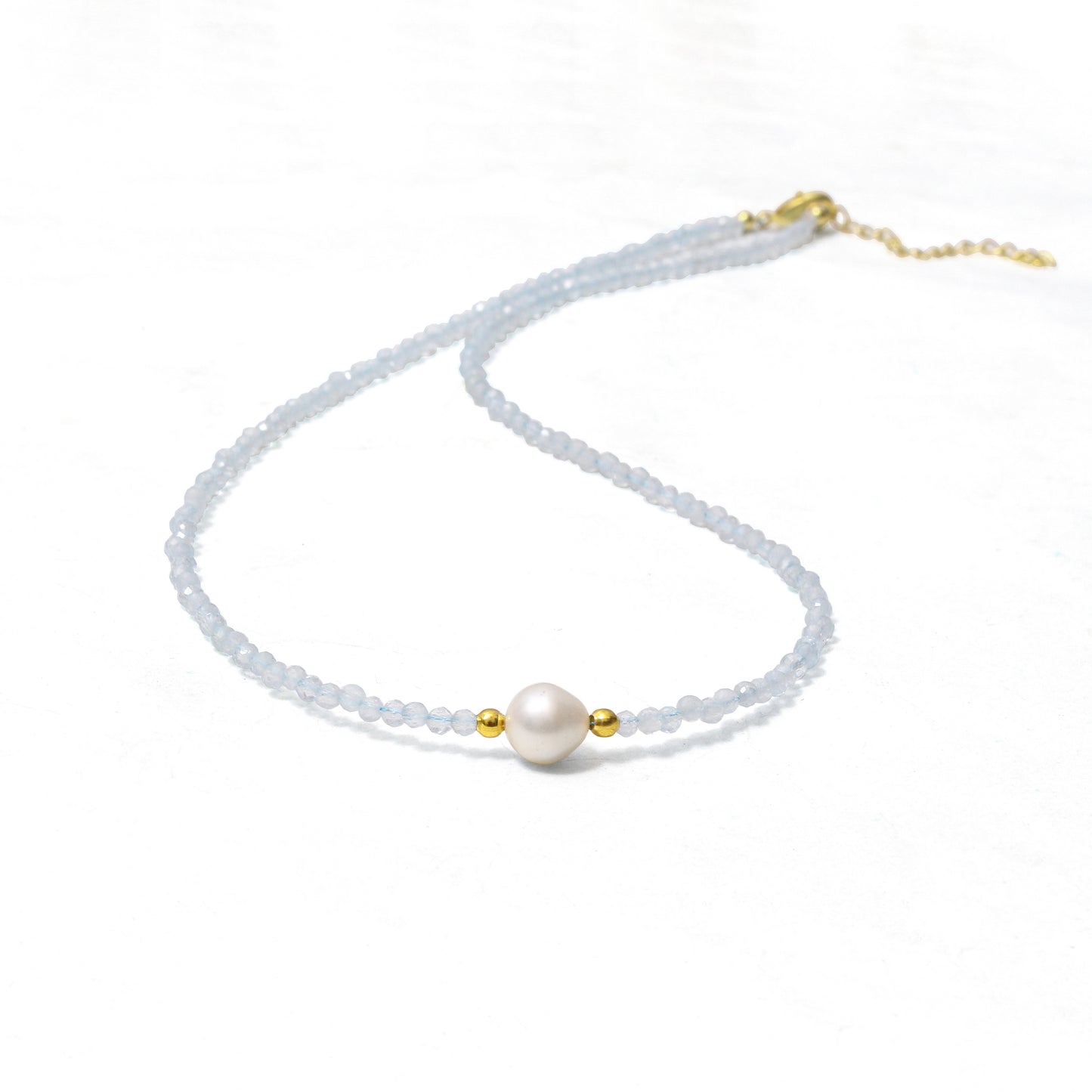 Handmade Natural Aquamarine & Pearl Beaded Necklace – Tranquil Crystal Jewelry for Serenity