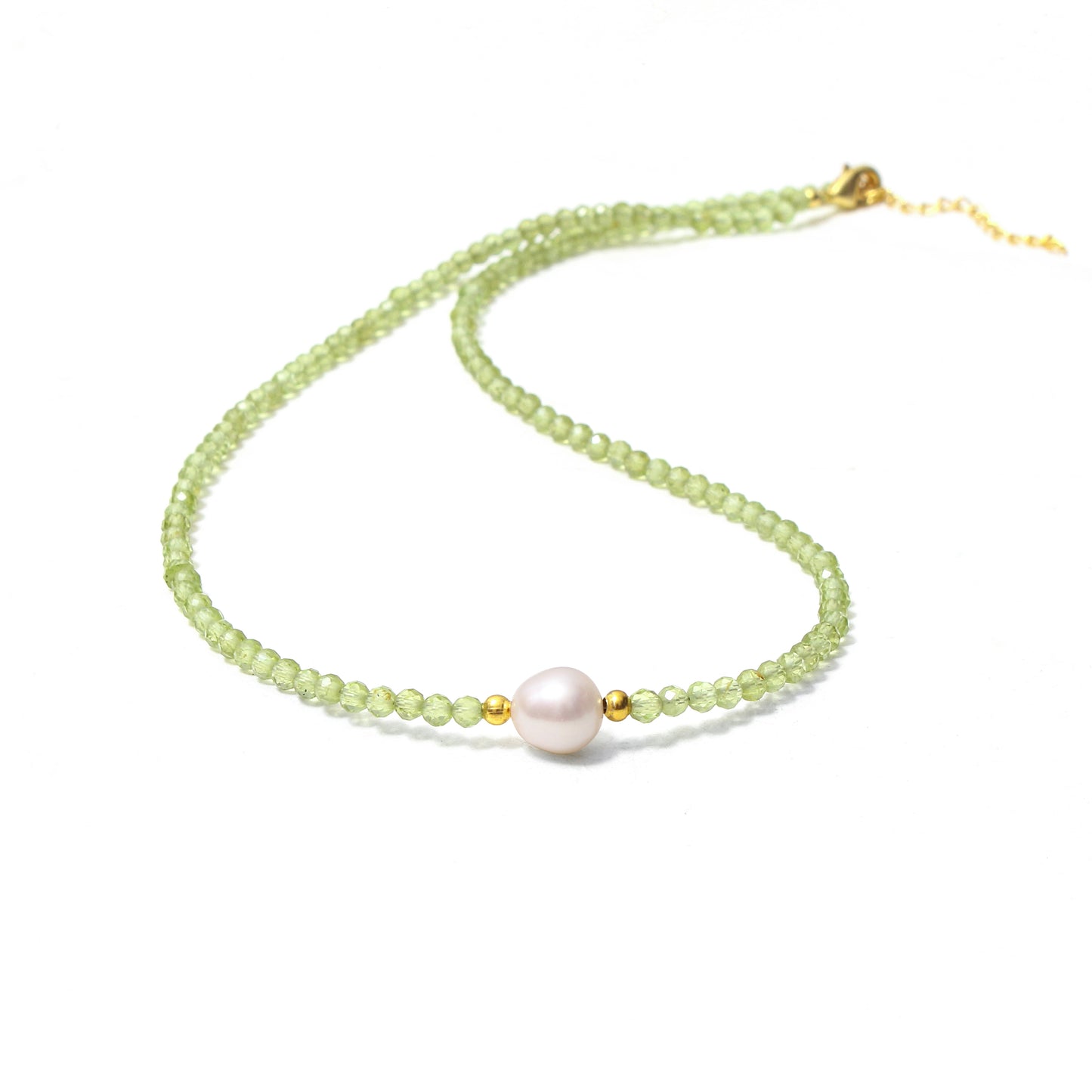 Natural Peridot & Pearl Beaded Necklace – Handmade Gemstone Choker with Gold Plating, August Birthstone Jewelry for Women
