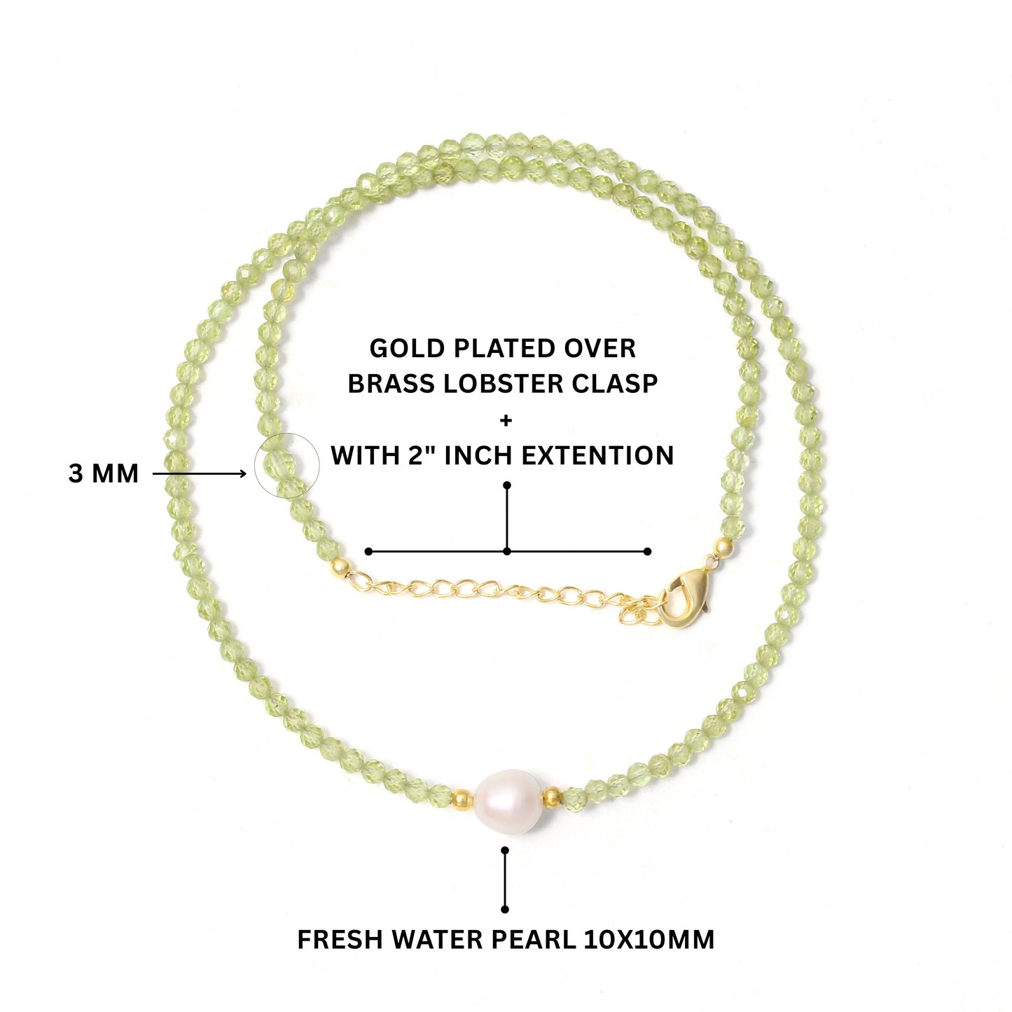 Natural Peridot & Pearl Beaded Necklace – Handmade Gemstone Choker with Gold Plating, August Birthstone Jewelry for Women