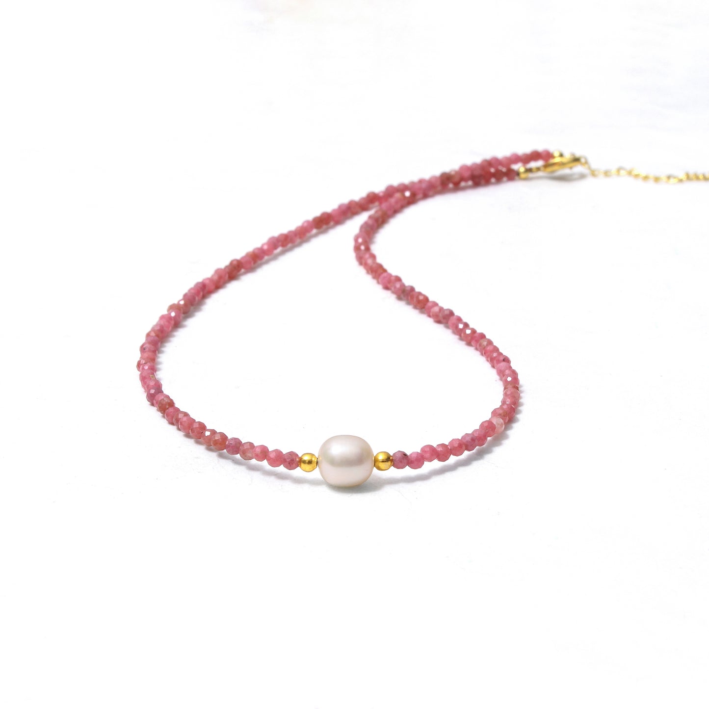 Natural Rhodochrosite & Pearl Beaded Necklace – Handmade Gemstone Choker with Gold Plating, Love & Harmony Jewelry for Women