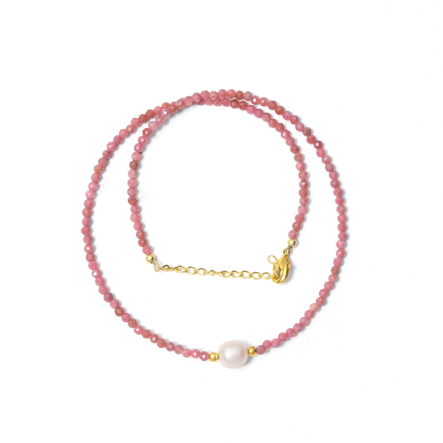 Natural Rhodochrosite & Pearl Beaded Necklace – Handmade Gemstone Choker with Gold Plating, Love & Harmony Jewelry for Women