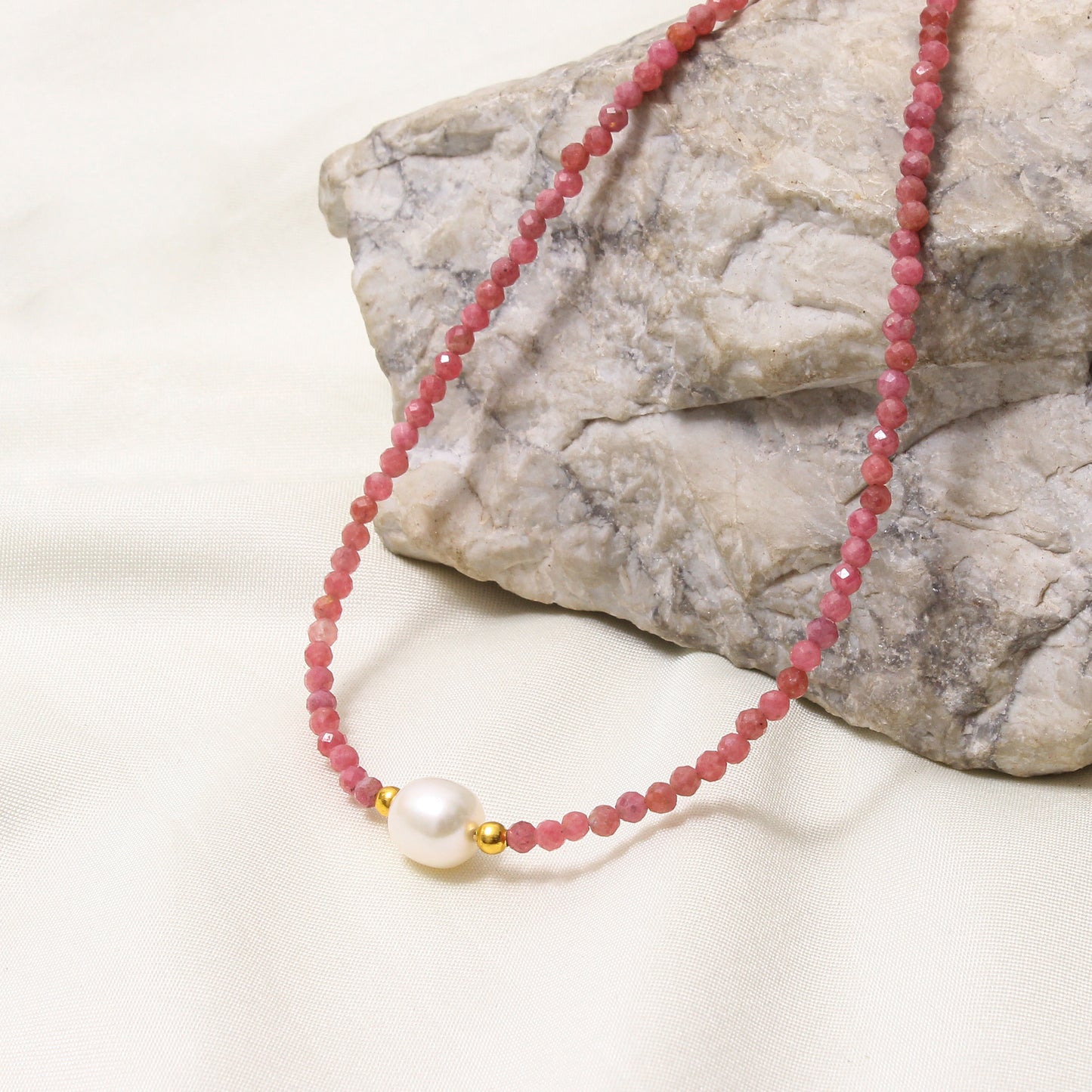 Natural Rhodochrosite & Pearl Beaded Necklace – Handmade Gemstone Choker with Gold Plating, Love & Harmony Jewelry for Women
