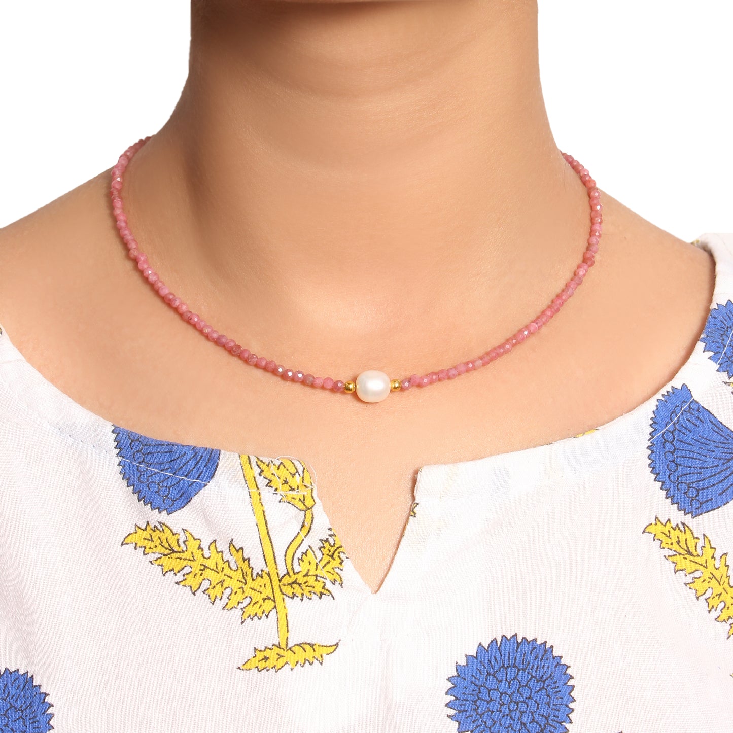 Natural Rhodochrosite & Pearl Beaded Necklace – Handmade Gemstone Choker with Gold Plating, Love & Harmony Jewelry for Women