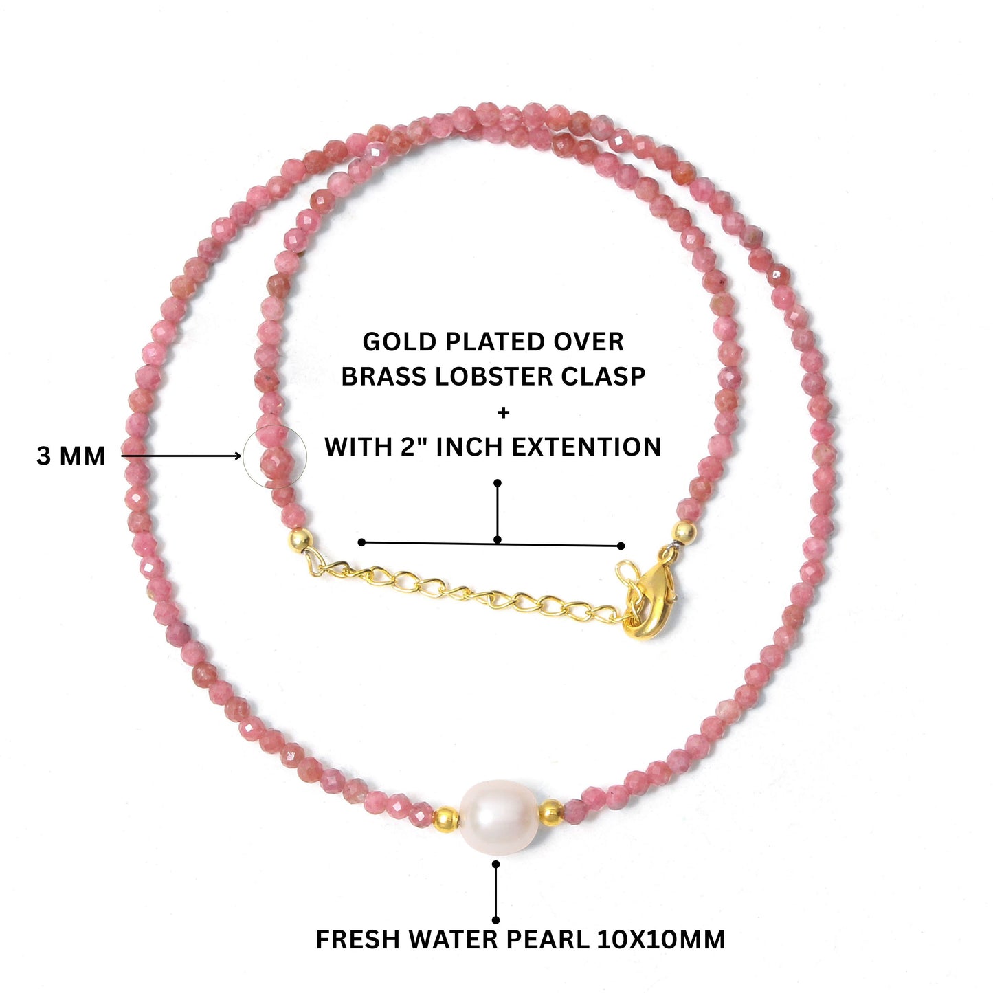 Natural Rhodochrosite & Pearl Beaded Necklace – Handmade Gemstone Choker with Gold Plating, Love & Harmony Jewelry for Women