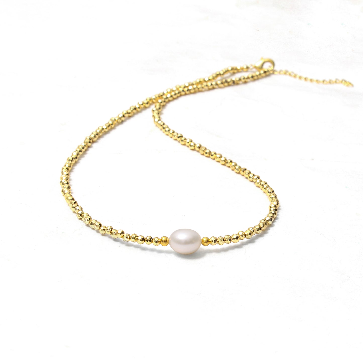 Golden Pyrite & Pearl Beaded Necklace – Handmade Elegant Choker with Natural Gemstones, Dainty Pearl Jewelry for Women