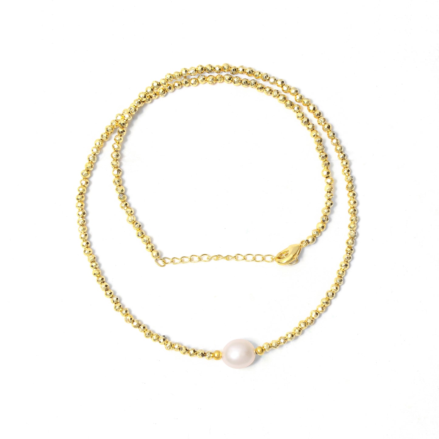 Golden Pyrite & Pearl Beaded Necklace – Handmade Elegant Choker with Natural Gemstones, Dainty Pearl Jewelry for Women