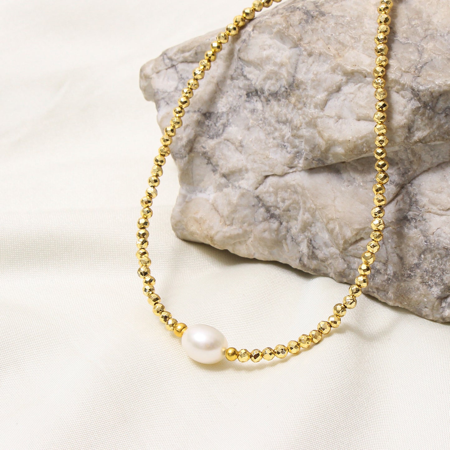 Golden Pyrite & Pearl Beaded Necklace – Handmade Elegant Choker with Natural Gemstones, Dainty Pearl Jewelry for Women
