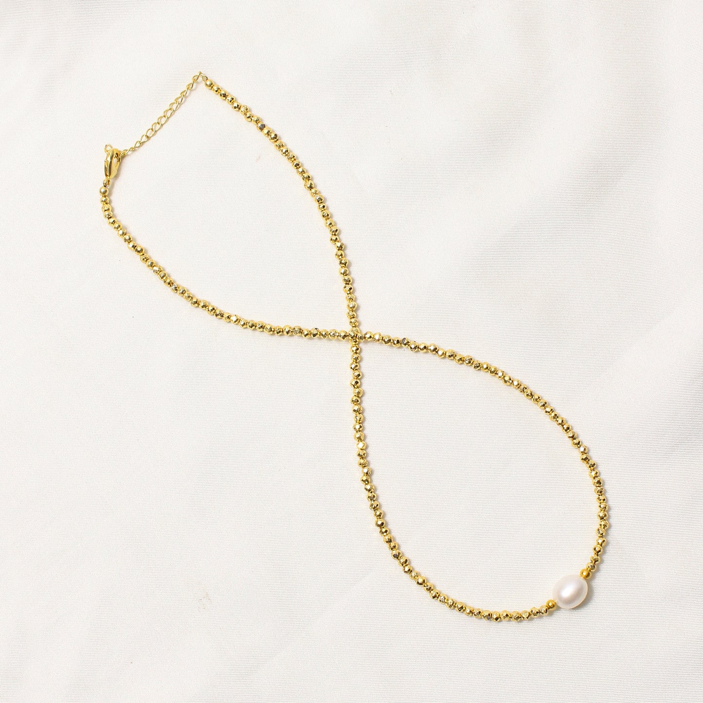Golden Pyrite & Pearl Beaded Necklace – Handmade Elegant Choker with Natural Gemstones, Dainty Pearl Jewelry for Women
