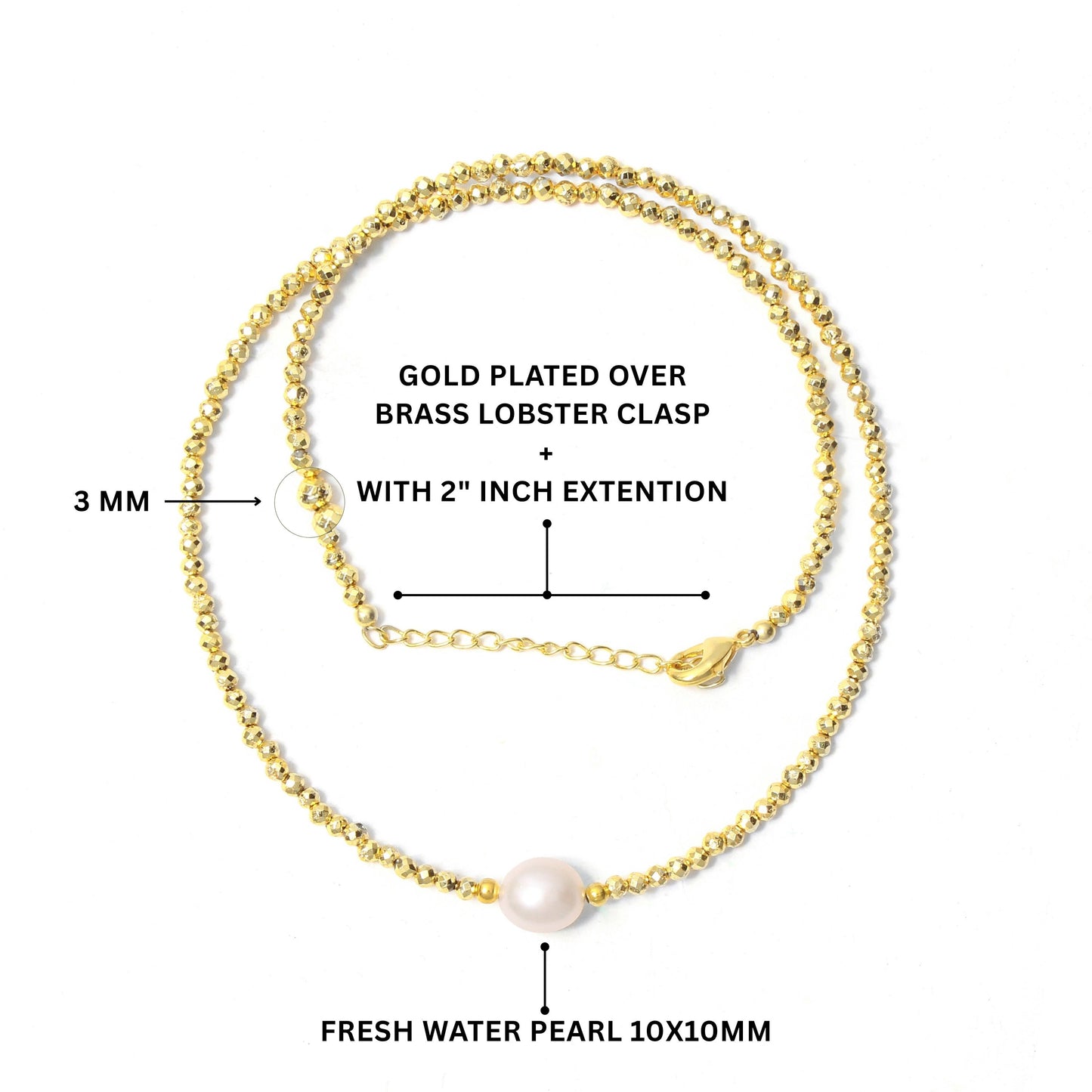 Golden Pyrite & Pearl Beaded Necklace – Handmade Elegant Choker with Natural Gemstones, Dainty Pearl Jewelry for Women