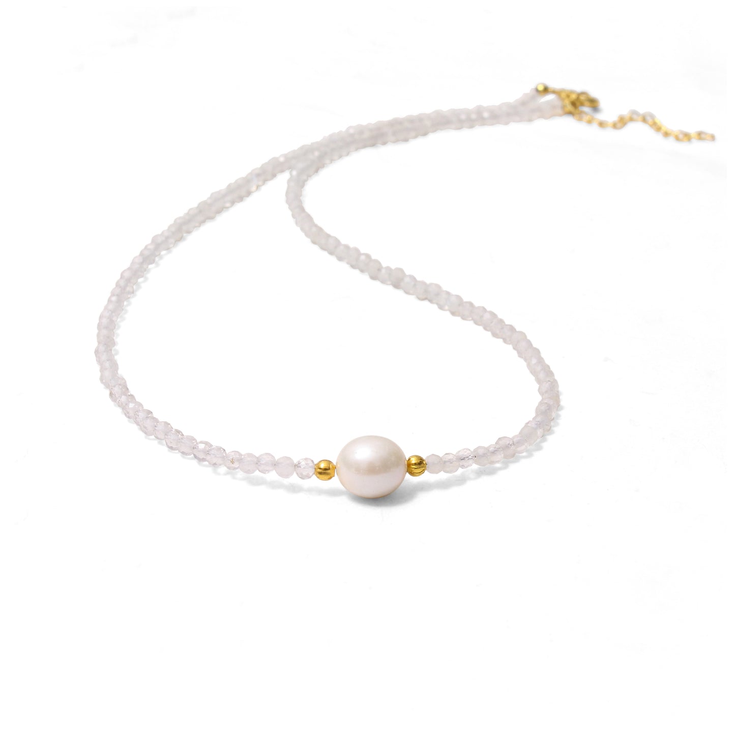 Natural Moonstone & Pearl Beaded Necklace – Handmade Minimalist Choker with Gold Accents, June Birthstone Jewelry for Women