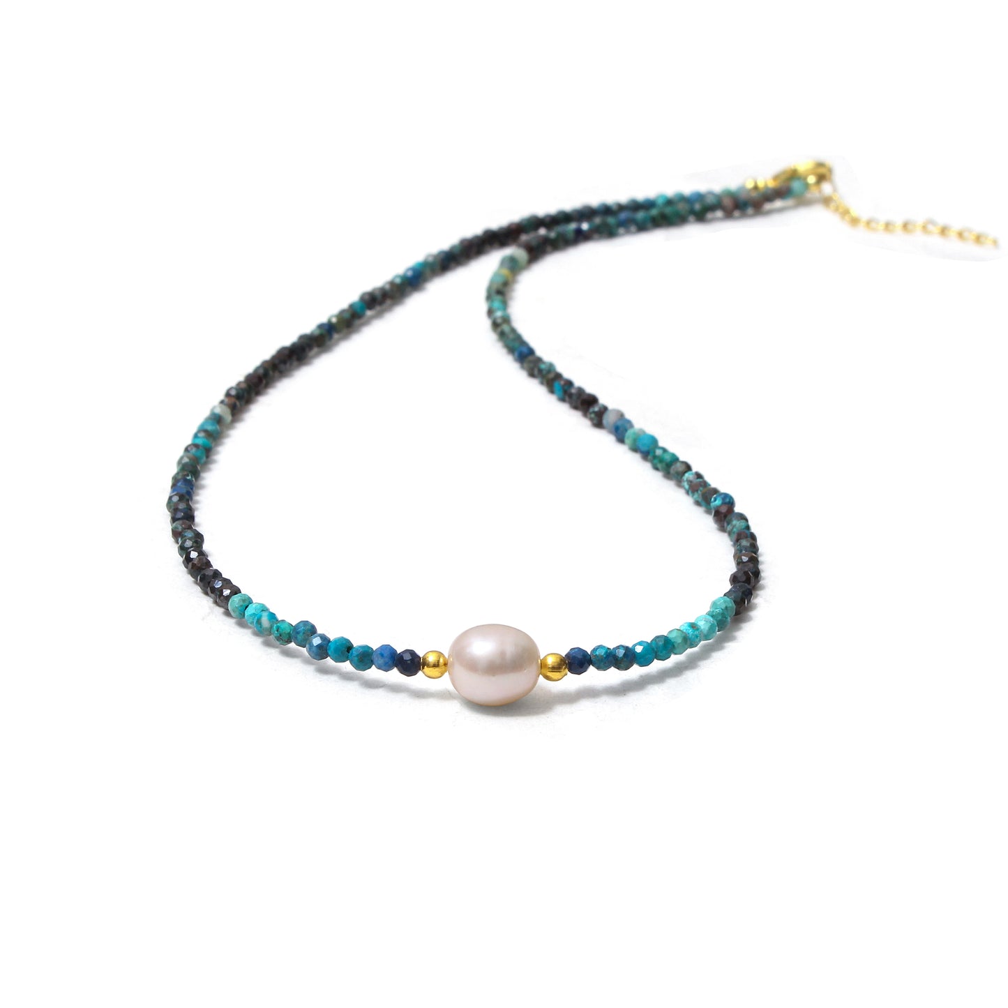 Natural Chrysocolla & Pearl Beaded Necklace – Handmade Minimalist Choker with Gold Accents, Calming Blue Gemstone Jewelry for Women