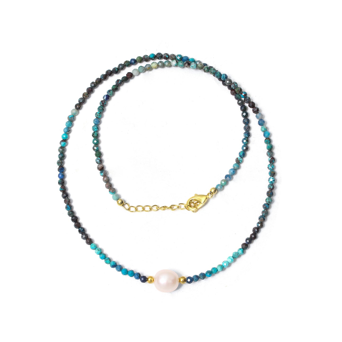 Natural Chrysocolla & Pearl Beaded Necklace – Handmade Minimalist Choker with Gold Accents, Calming Blue Gemstone Jewelry for Women