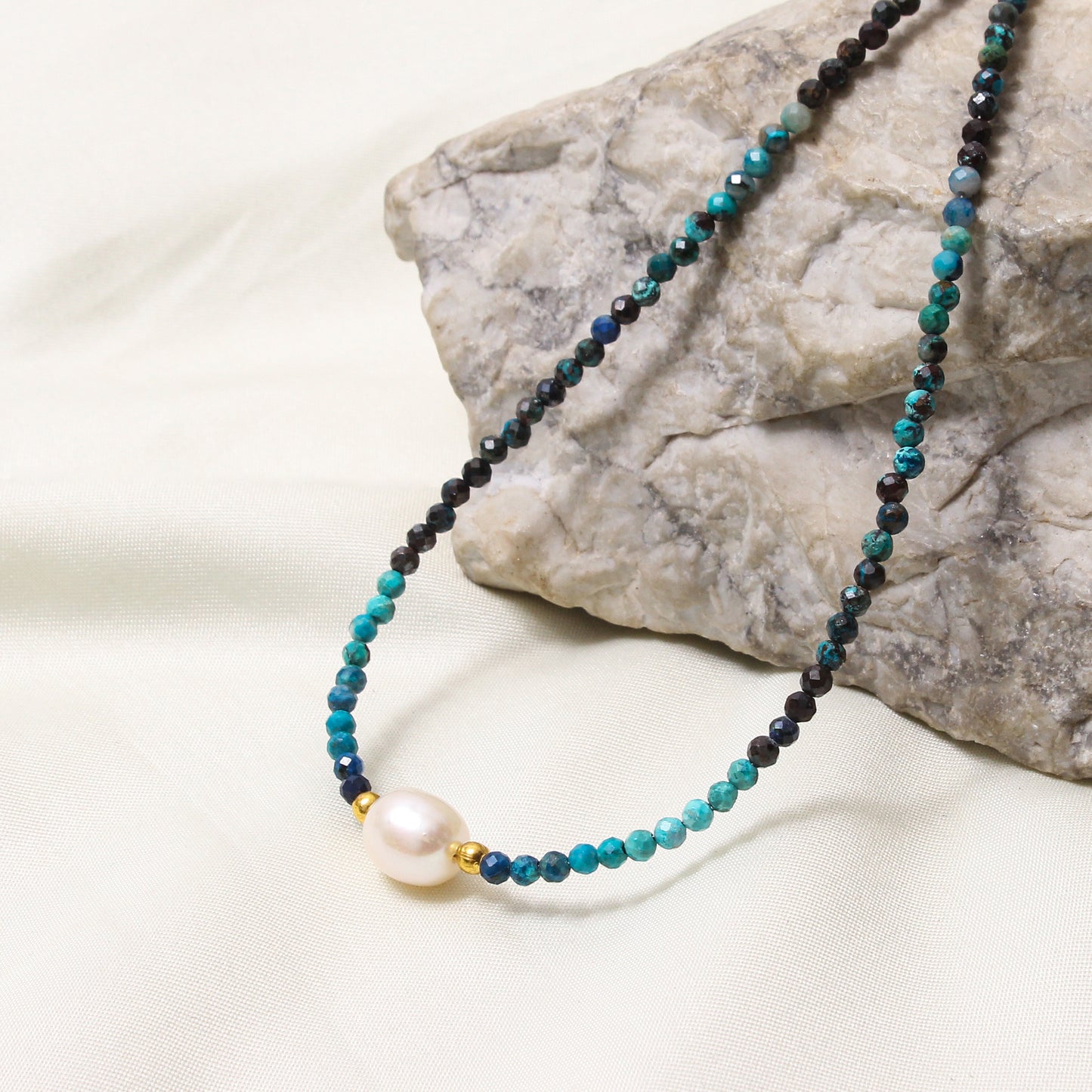 Natural Chrysocolla & Pearl Beaded Necklace – Handmade Minimalist Choker with Gold Accents, Calming Blue Gemstone Jewelry for Women