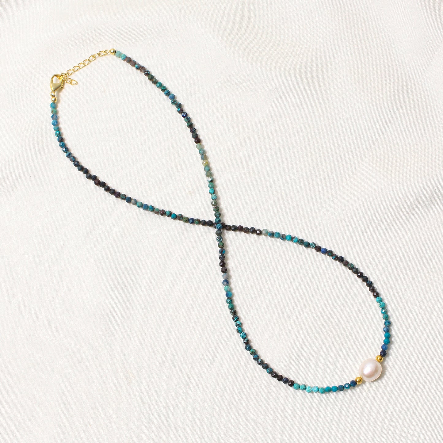 Natural Chrysocolla & Pearl Beaded Necklace – Handmade Minimalist Choker with Gold Accents, Calming Blue Gemstone Jewelry for Women