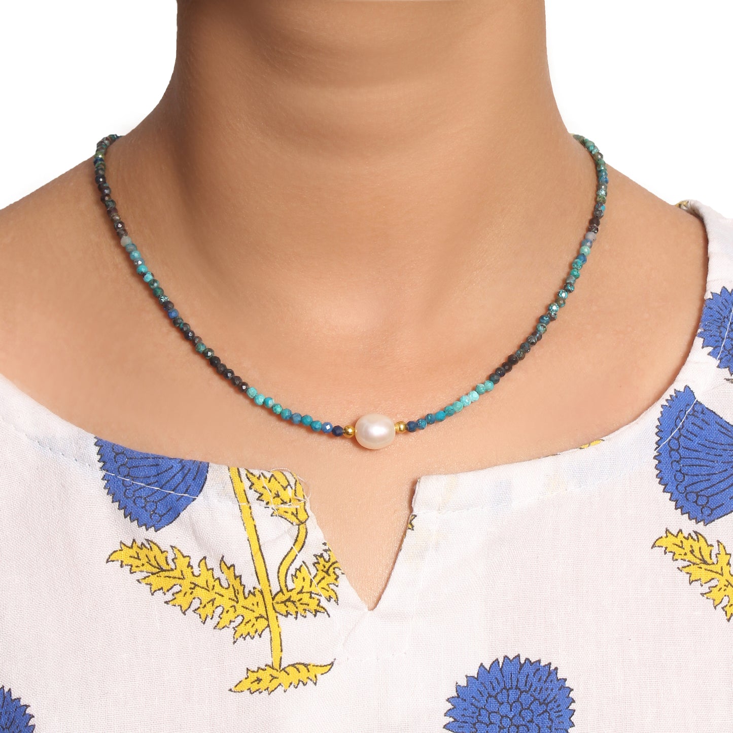 Natural Chrysocolla & Pearl Beaded Necklace – Handmade Minimalist Choker with Gold Accents, Calming Blue Gemstone Jewelry for Women
