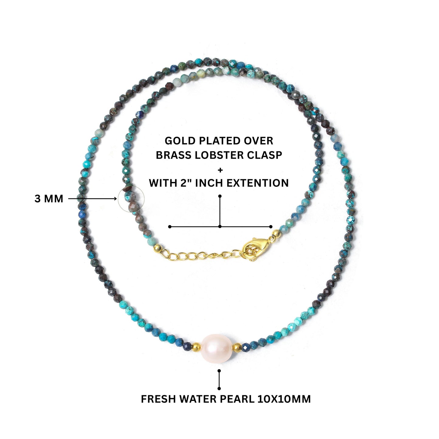 Natural Chrysocolla & Pearl Beaded Necklace – Handmade Minimalist Choker with Gold Accents, Calming Blue Gemstone Jewelry for Women