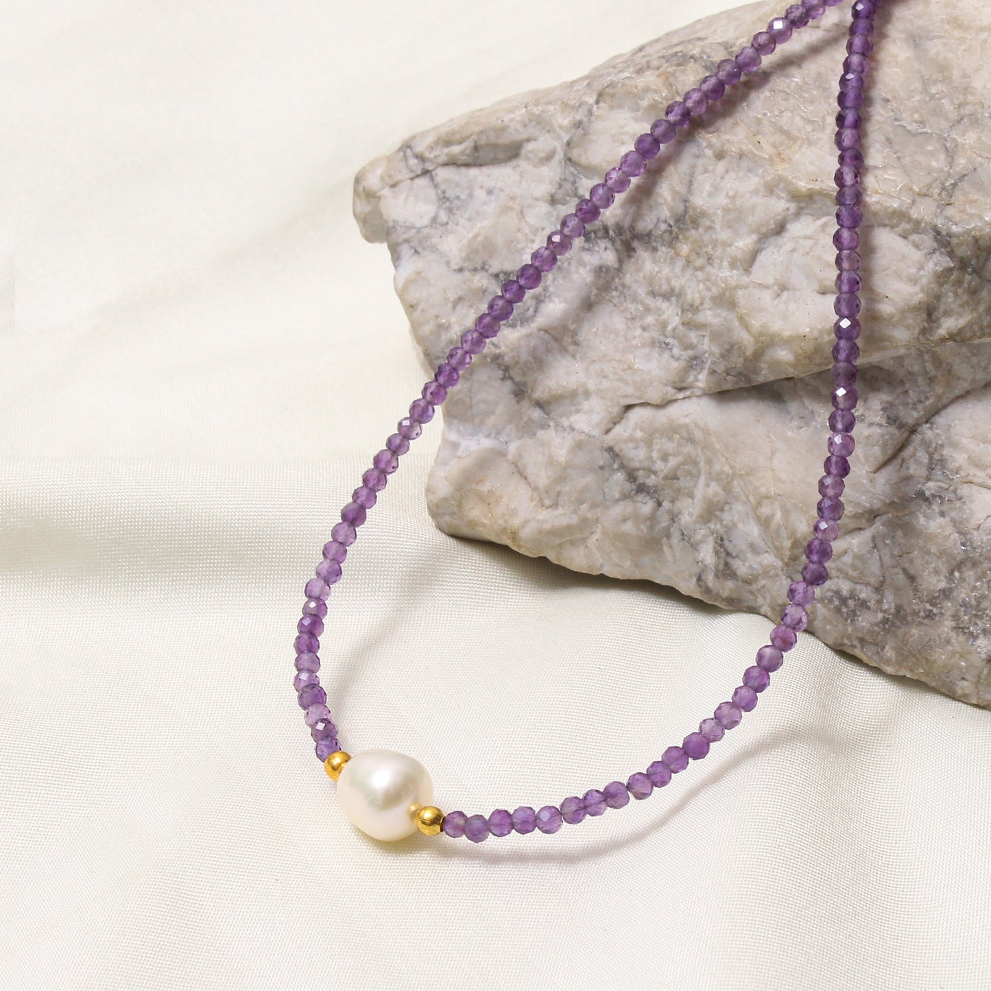 Natural Amethyst & Pearl Beaded Designer Necklace – Healing Crystal Jewelry for Calm & Elegance