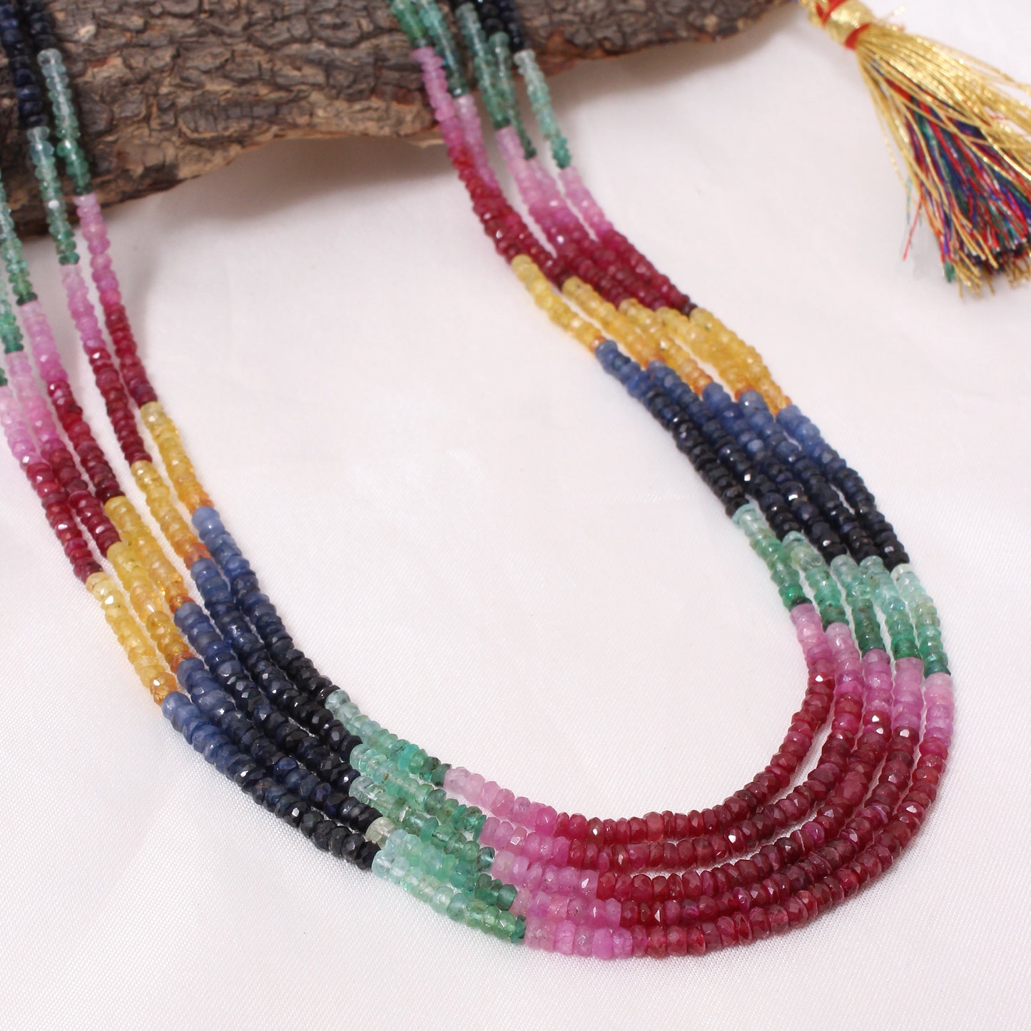 Multi-Precious Gemstone Necklace 5 Layers – Natural Ruby, Emerald, and Sapphire Faceted Rondelle Designer Sarafa Jewelry