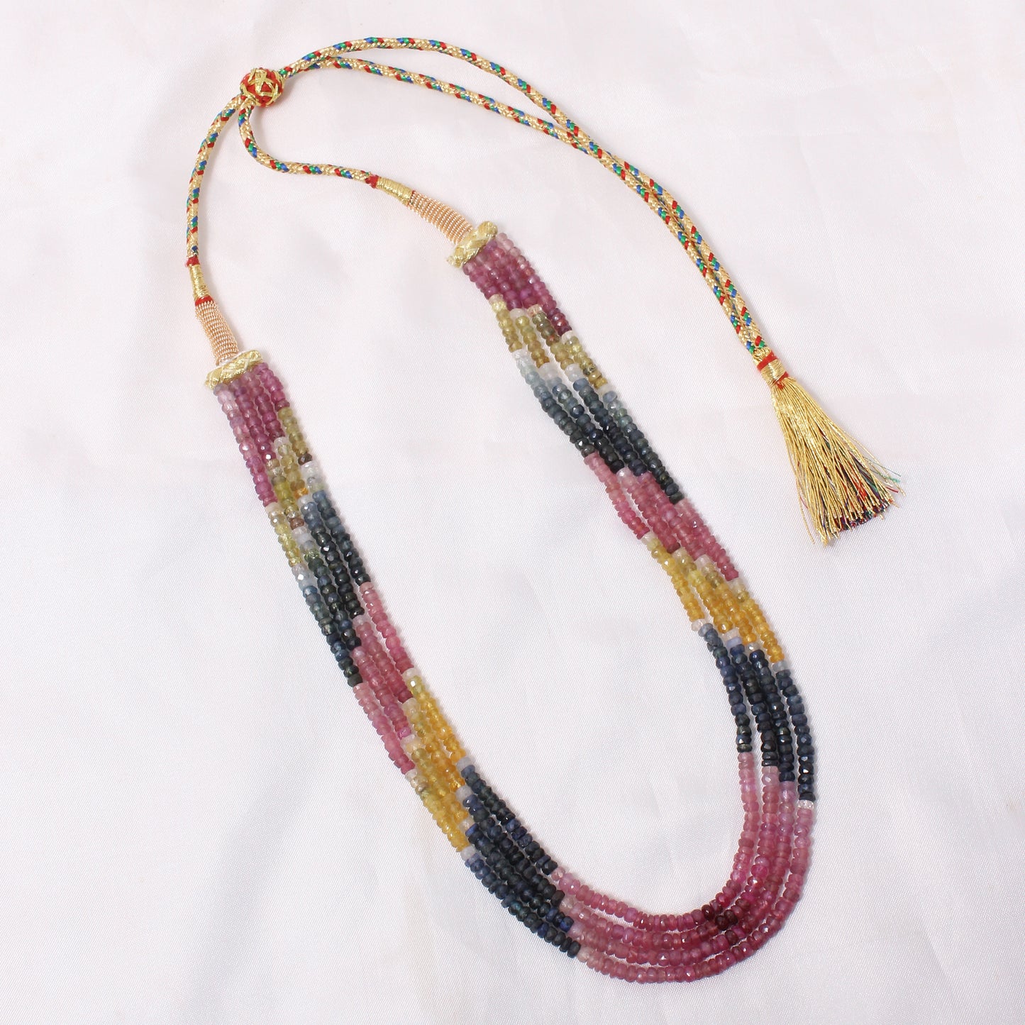 Natural Multi Sapphire 4 Layer Sarafa Necklace โ Faceted Rondelle Gemstone Beads 4โ4.25 mm Luxury Statement Jewelry
