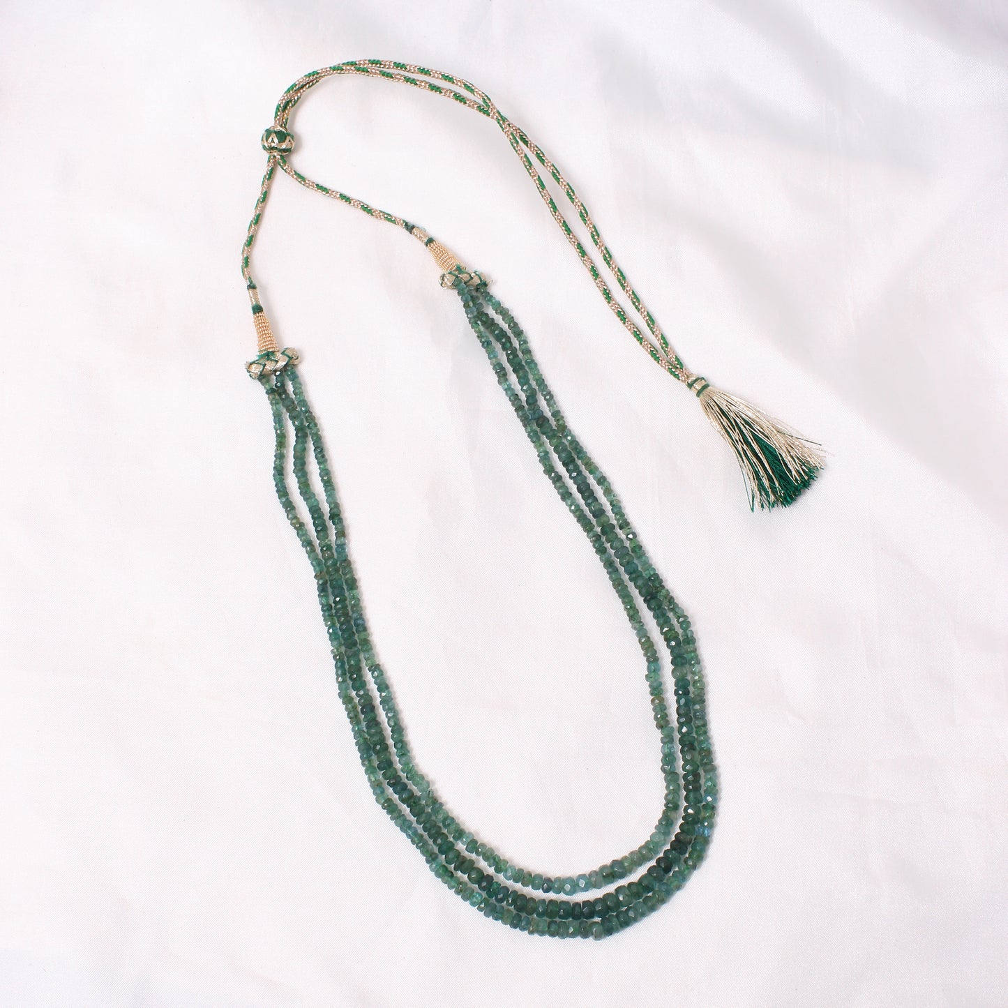 Natural Emerald 3 Layer Sarafa Necklace – Faceted Rondelle Gemstone Beads (3.5–6 mm) | Elegant Handcrafted Green Emerald Jewelry