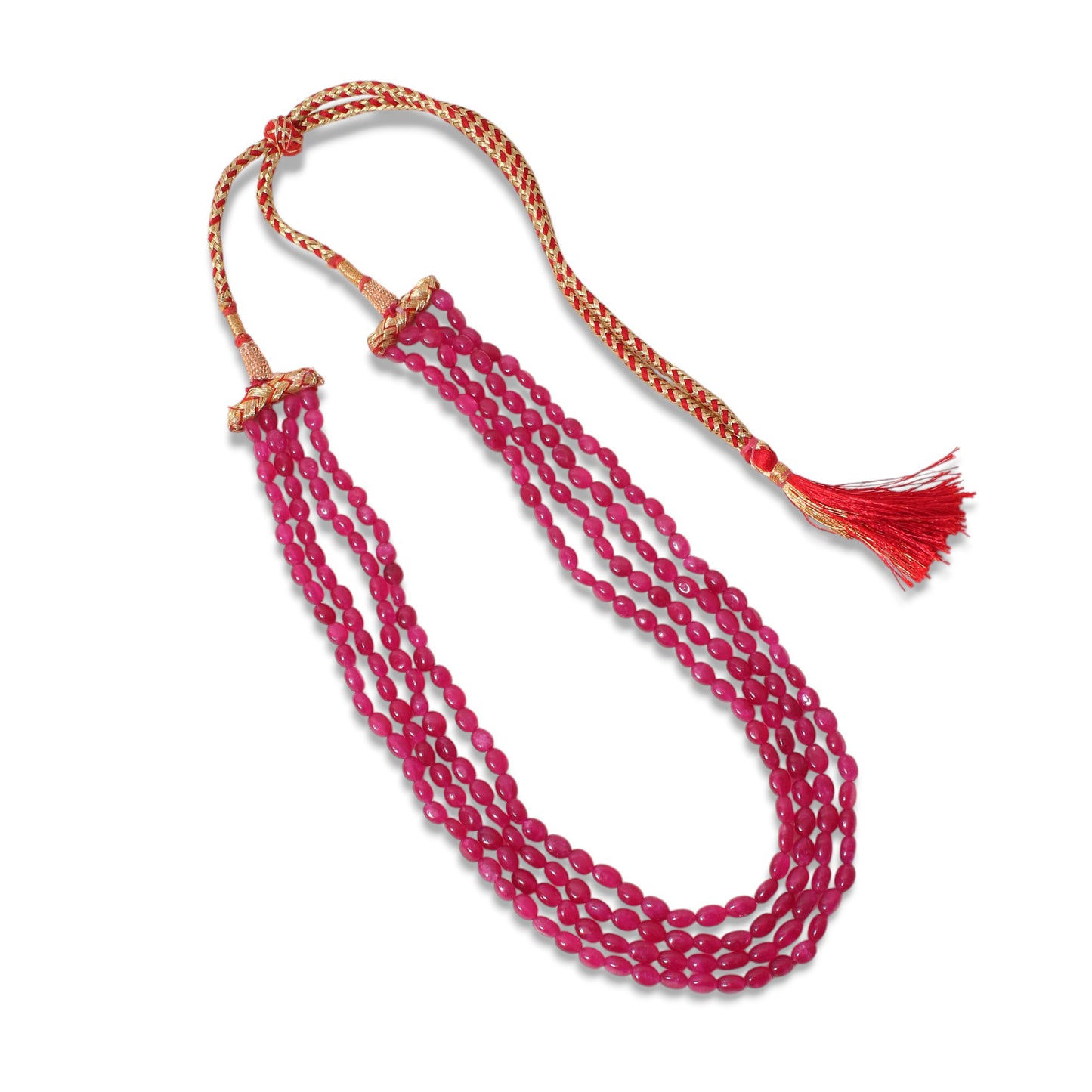 Pink Quartz 4 Layer Sarafa Necklace โ Plain Oval Gemstone Beads 5x7 mm Elegant Statement Jewelry