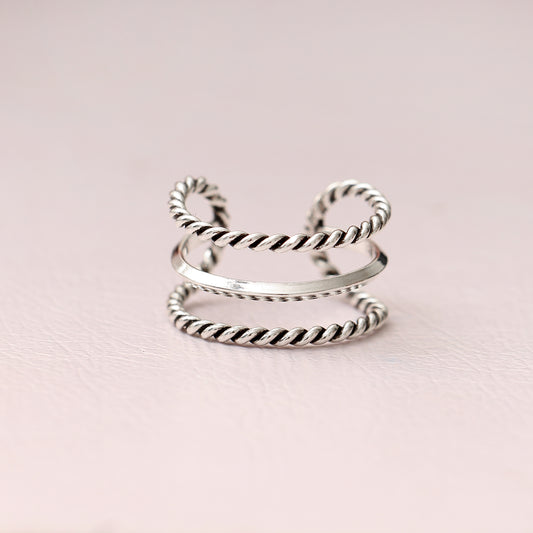 Twisted Cuff Design 925 Sterling Silver Ring – Adjustable Minimalist Statement Band
