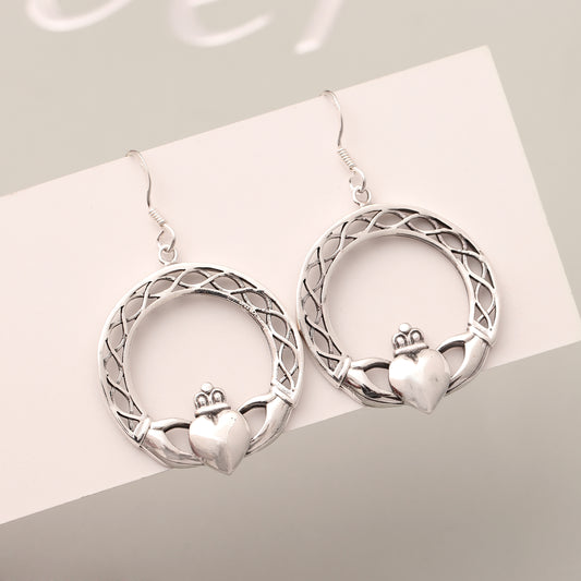 Sterling Silver Claddagh Circle Dangle Earrings – Symbol of Love, Loyalty & Friendship, Celtic Heart Crown Design