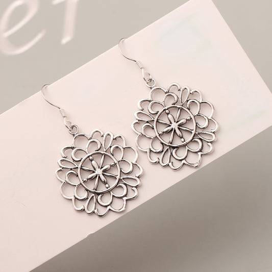 Sterling Silver Lace Shape Dangle Earrings – Elegant Floral Mandala Design, Lightweight Boho Drop Earrings for Women