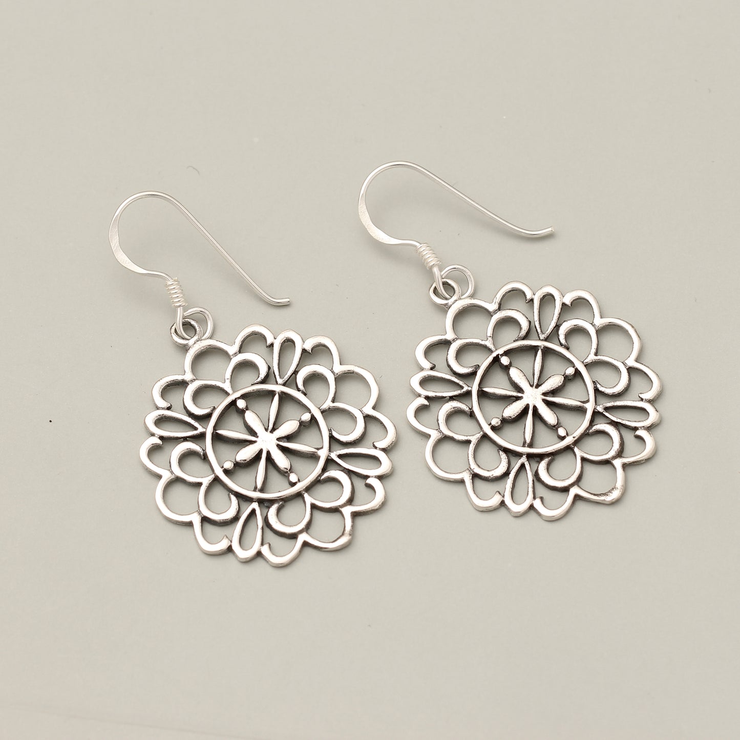Sterling Silver Lace Shape Dangle Earrings – Elegant Floral Mandala Design, Lightweight Boho Drop Earrings for Women