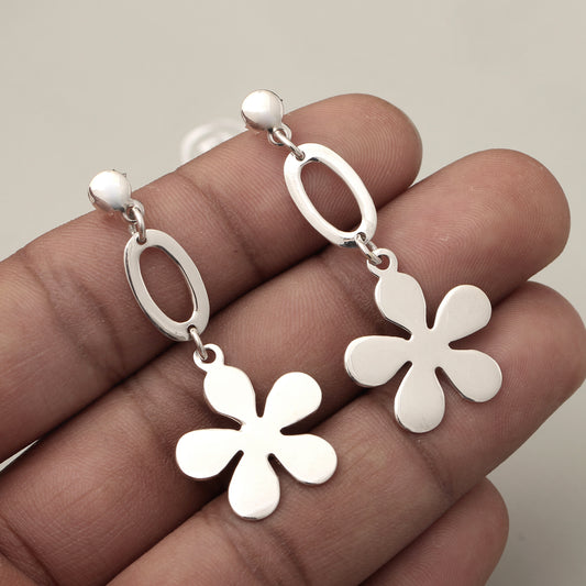 Sterling Silver Flower-Shaped Drop Earrings – Modern Floral Dangle Earrings, Minimalist Statement Jewelry for Women