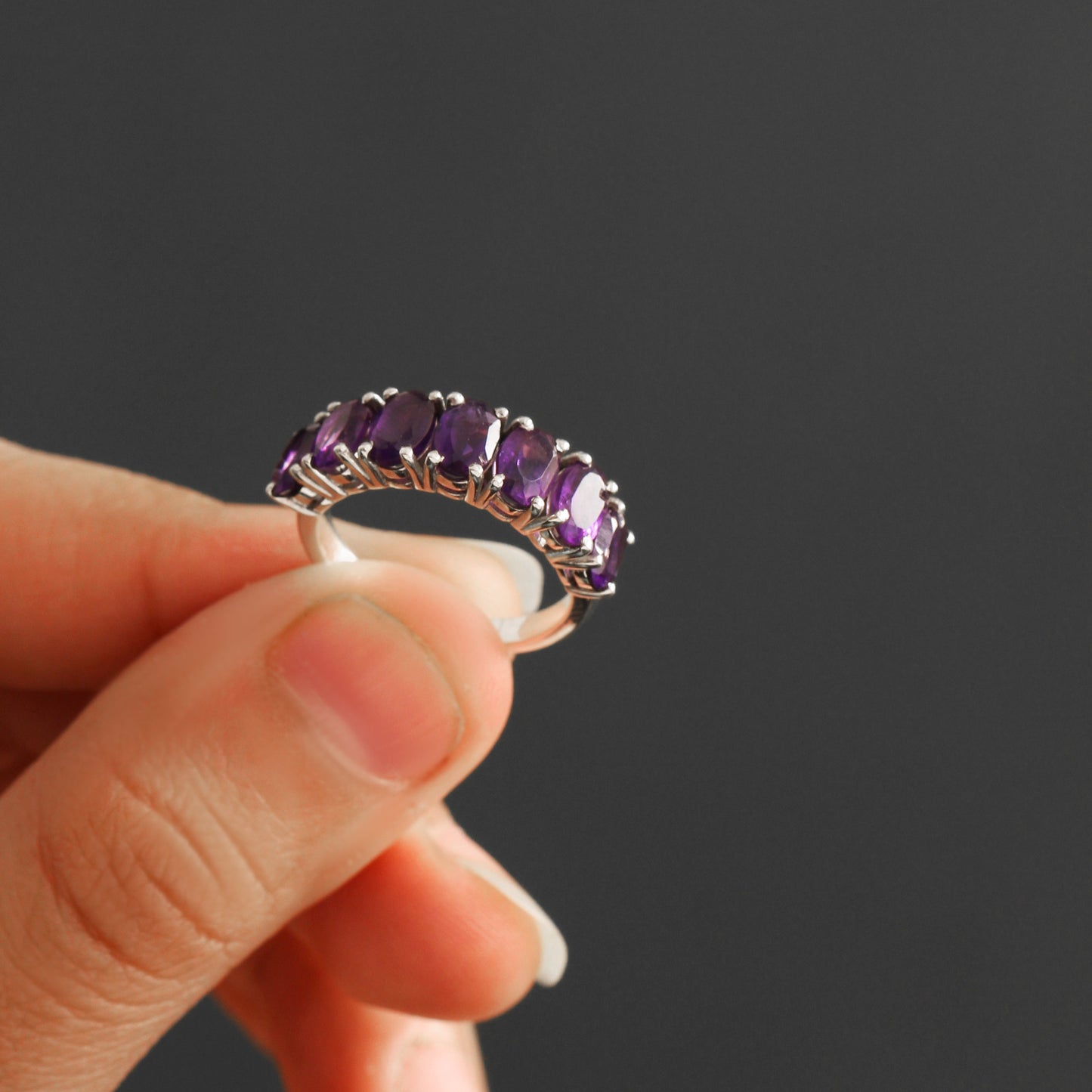 925 Sterling Silver Natural Amethyst Half Eternity Ring – Calm, Clarity & Inner Strength